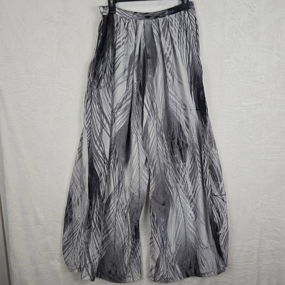 Leifsdottir Anthropologie Silk Wide Leg Pants Black White Feather Print Size 6 - Picture 6 of 15